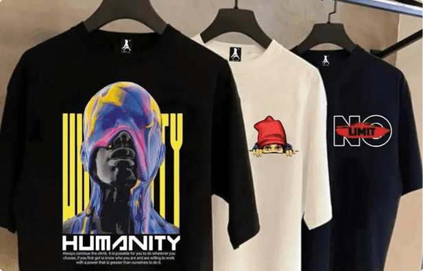 T-shirts featuring a colorful futuristic human design and graphic elements.