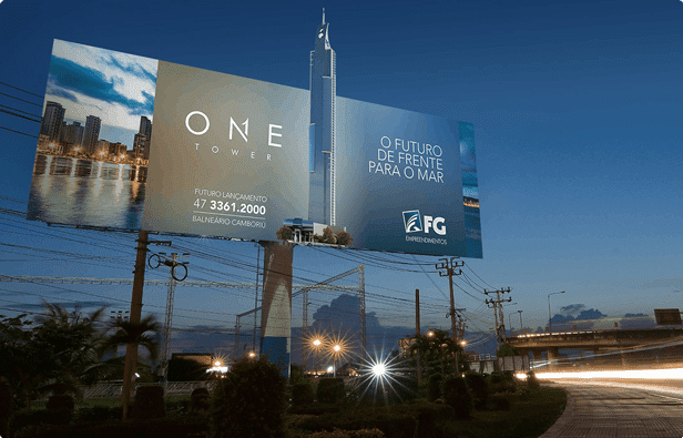 Billboard advertising One Palmdale condominium project against city skyline.