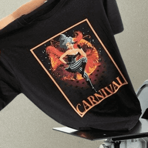 Black T-shirt with vibrant carnival graphic and bold text.