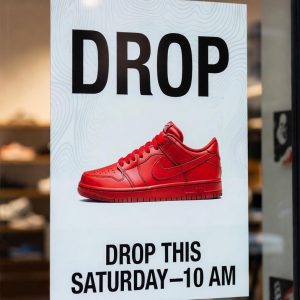 Red sneaker promotion with event details at 10 AM Saturday.