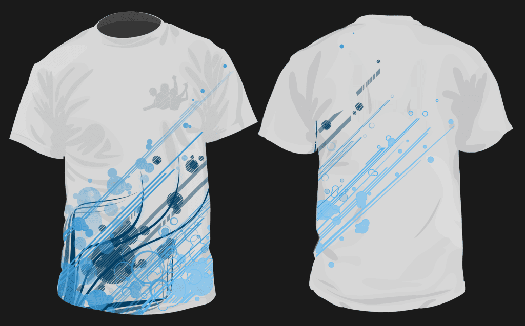 White T-shirts with blue and gray abstract diagonal stripes design.