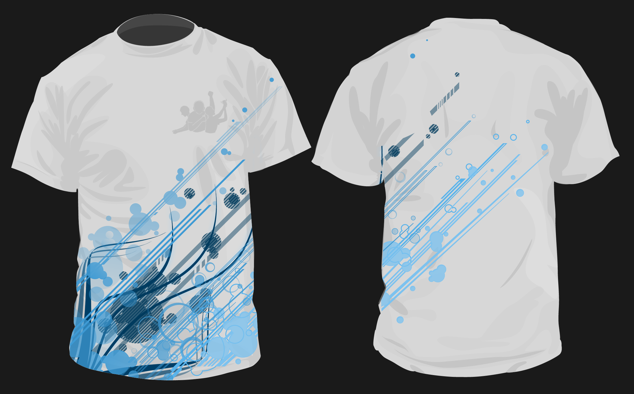 White T-shirts with blue and gray abstract diagonal stripes design.