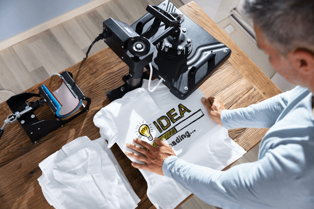 Person designing a custom graphic on a white T-shirt using a Cricut machine.