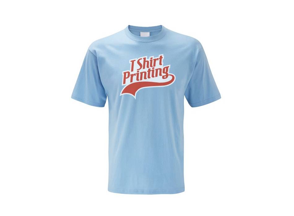 Light blue T-shirt with a red and white "T Shirt Printing" logo.