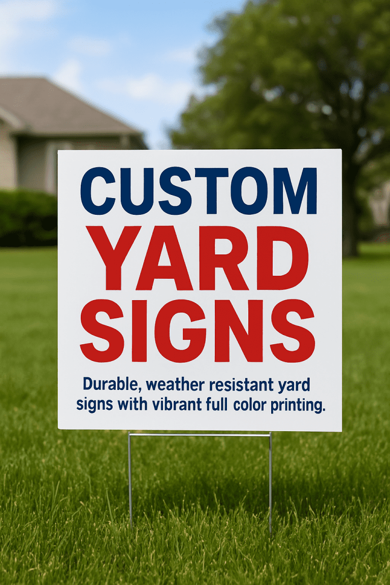 Custom yard signs with full-color printing for outdoor use.