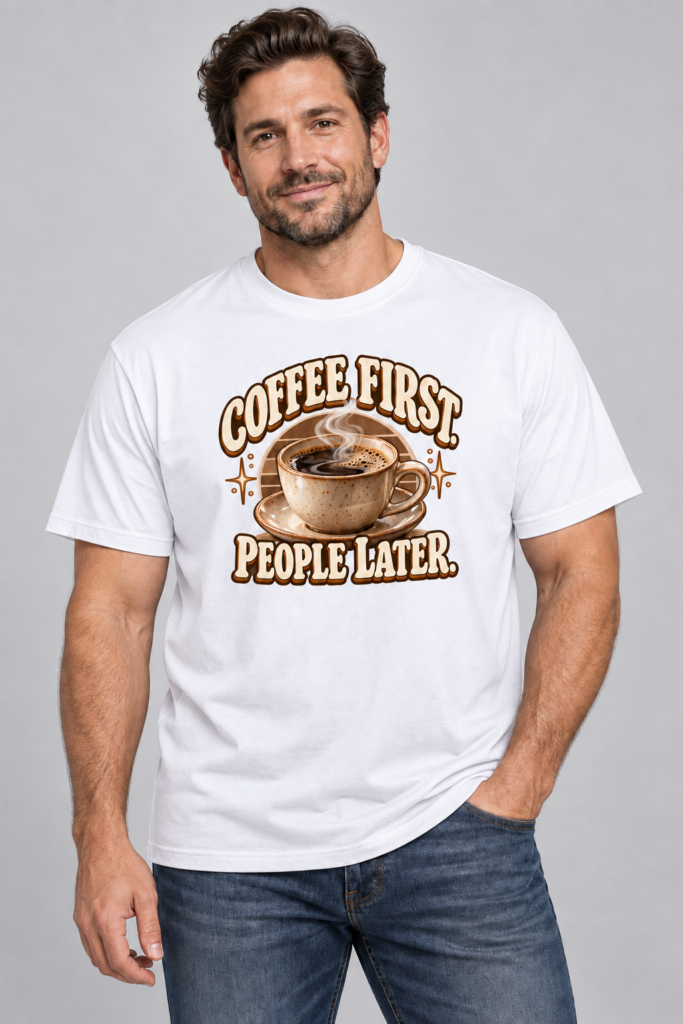 Model wearing white Coffee First People Later graphic T-shirt with brown and cream coffee artwork