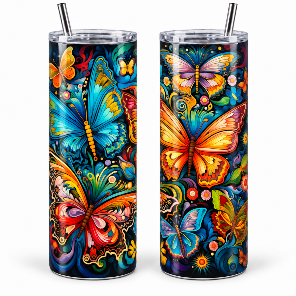 Colorful Butterfly Garden Psychedelic 20 oz Tumbler artwork shown on a skinny stainless-steel tumbler