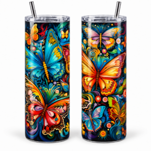 Colorful Butterfly Garden Psychedelic 20 oz Tumbler artwork shown on a skinny stainless-steel tumbler
