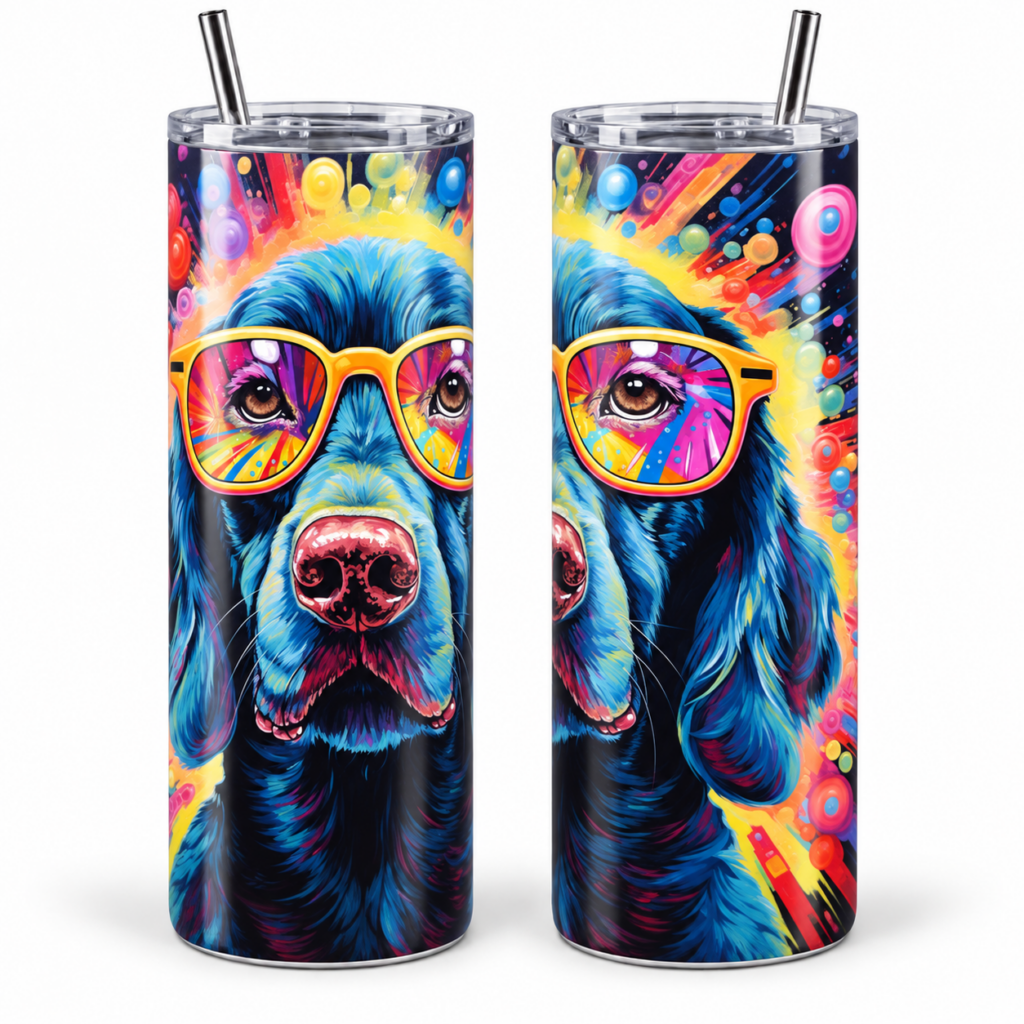 Colorful Dog with Glasses Psychedelic 20 oz Tumbler artwork shown on a skinny stainless-steel tumbler