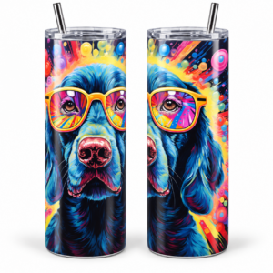 Colorful Dog with Glasses Psychedelic 20 oz Tumbler artwork shown on a skinny stainless-steel tumbler