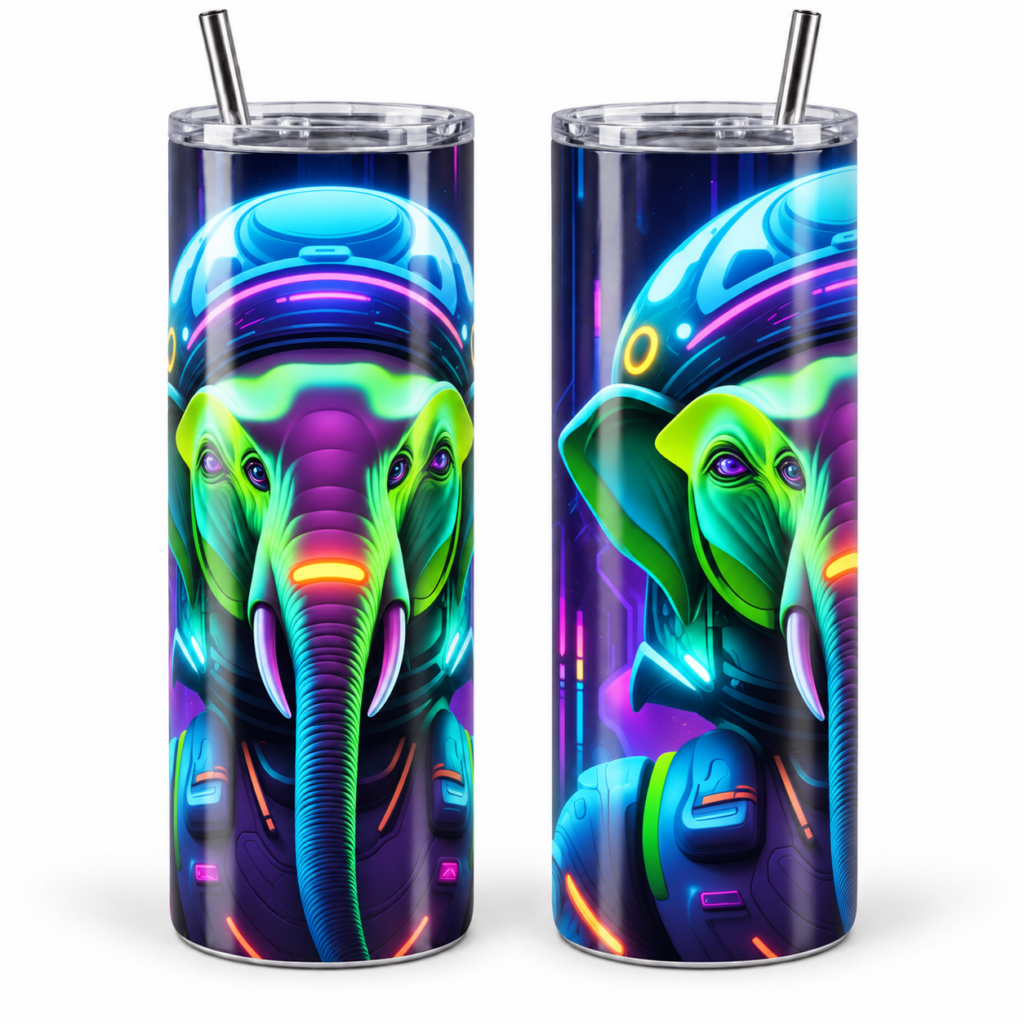 Cosmic Elephant Astronaut Psychedelic 20 oz Tumbler artwork shown on a skinny stainless-steel tumbler