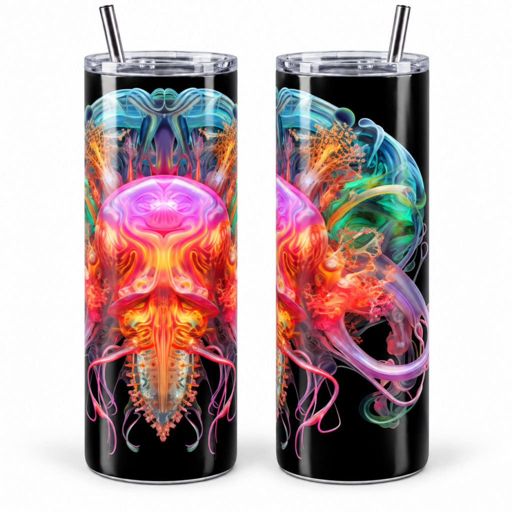 Cosmic Jellyfish Psychedelic 20 oz Tumbler artwork shown on a skinny stainless-steel tumbler