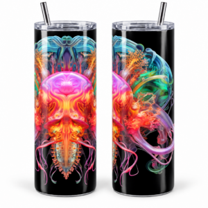 Cosmic Jellyfish Psychedelic 20 oz Tumbler artwork shown on a skinny stainless-steel tumbler