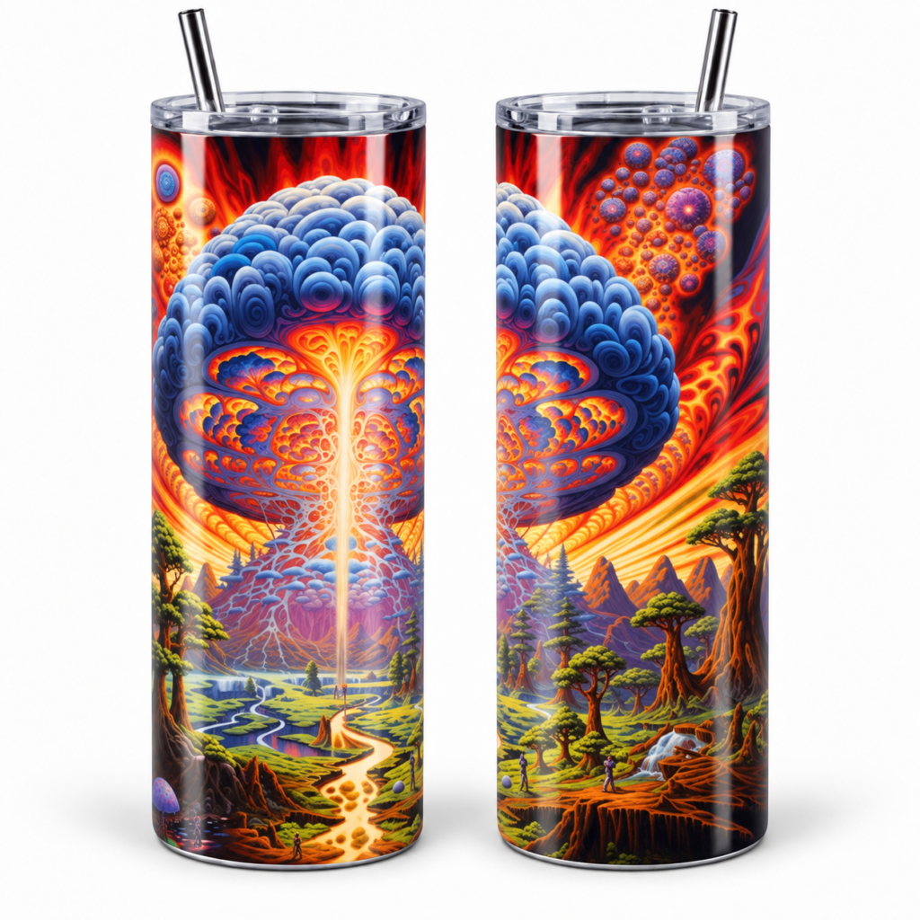 Cosmic Mushroom Landscape Psychedelic 20 oz Tumbler artwork shown on a skinny stainless-steel tumbler