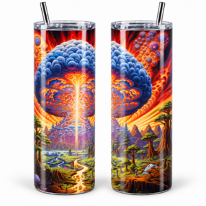 Cosmic Mushroom Landscape Psychedelic 20 oz Tumbler artwork shown on a skinny stainless-steel tumbler