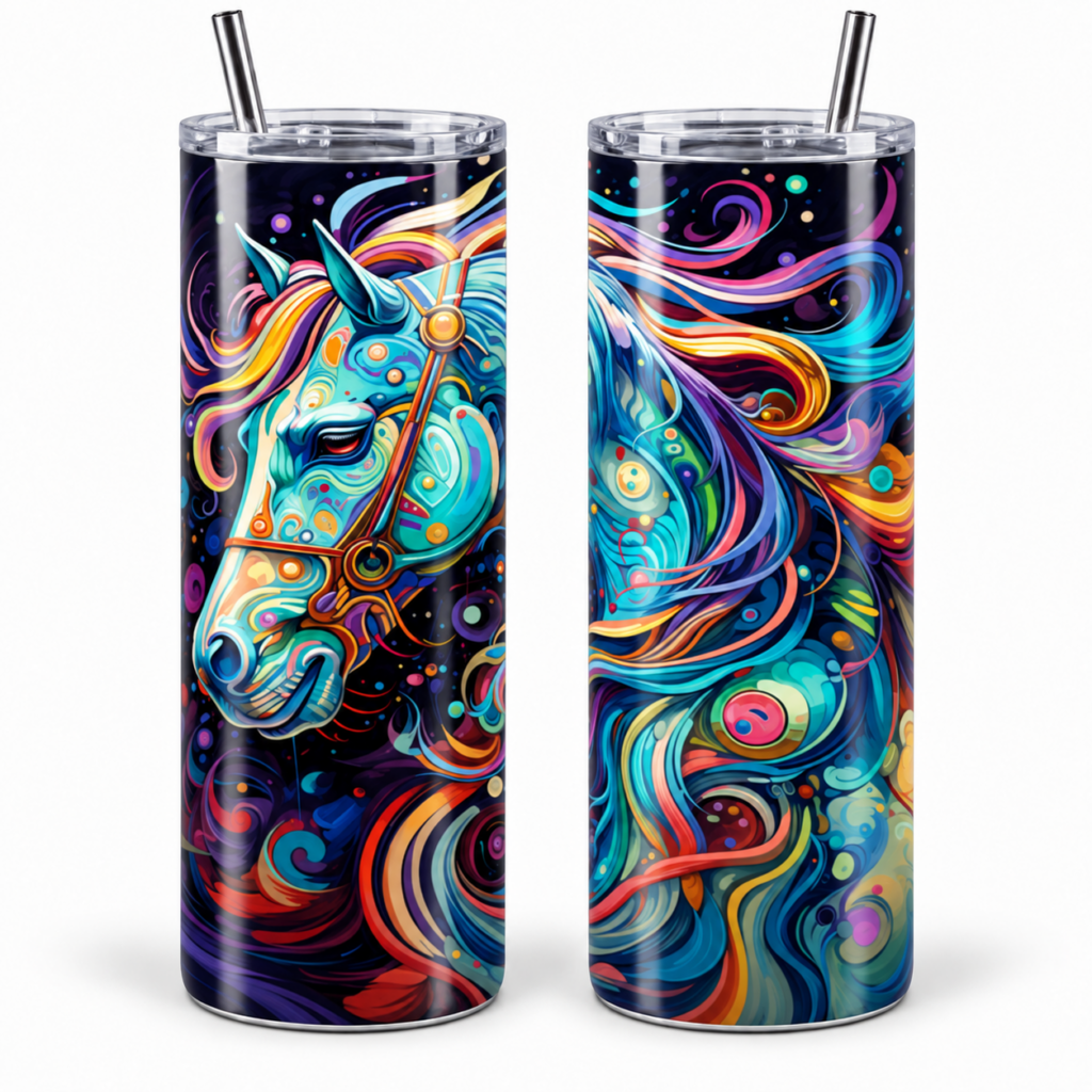 Cosmic Rainbow Horse artwork shown on a 20 oz skinny tumbler