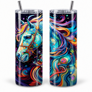 Cosmic Rainbow Horse artwork shown on a 20 oz skinny tumbler