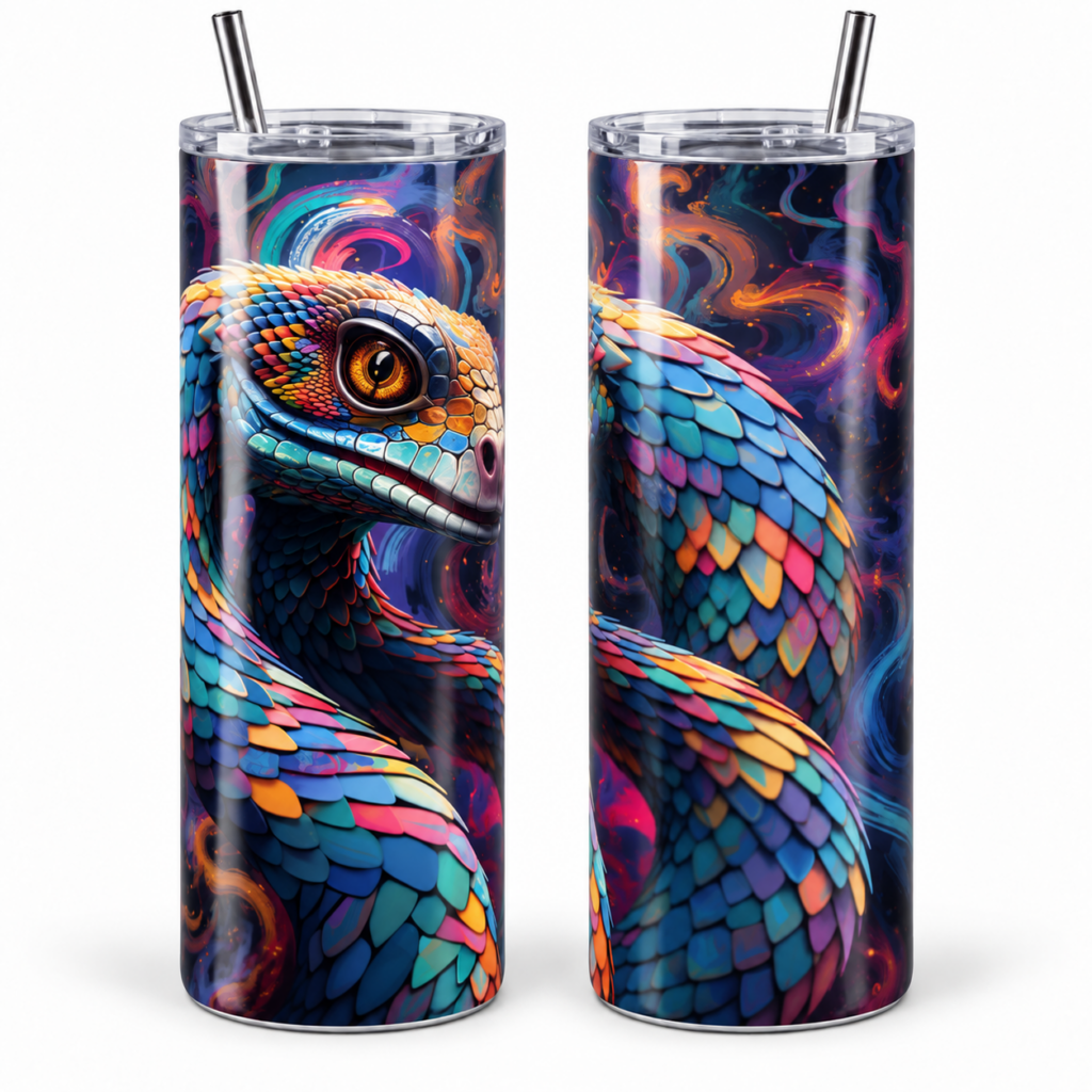 Cosmic Rainbow Snake Psychedelic 20 oz Tumbler artwork shown on a skinny stainless-steel tumbler