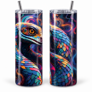 Cosmic Rainbow Snake Psychedelic 20 oz Tumbler artwork shown on a skinny stainless-steel tumbler