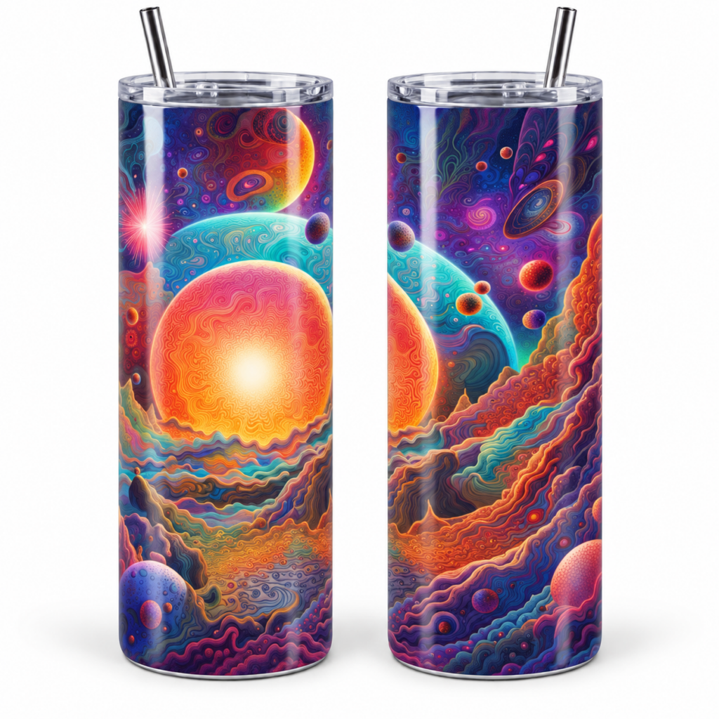 Cosmic Sunrise Psychedelic 20 oz Tumbler artwork shown on a skinny stainless-steel tumbler