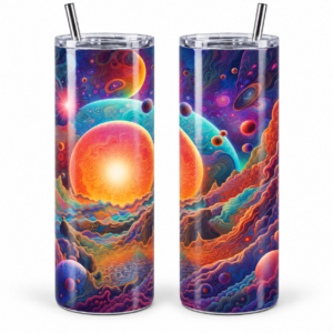 Cosmic Sunrise Psychedelic 20 oz Tumbler artwork shown on a skinny stainless-steel tumbler