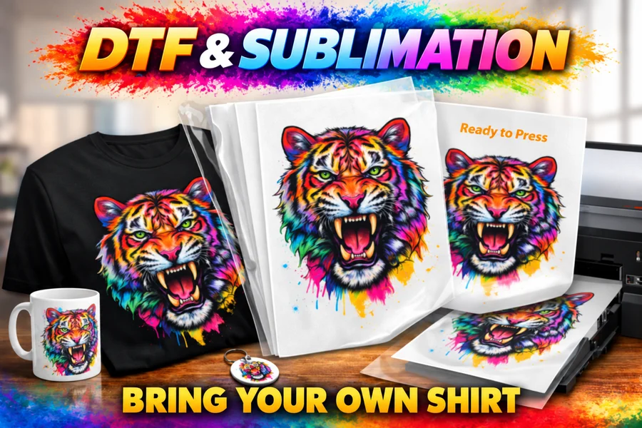 DTF and Sublimation transfer sheets with Bring Your Own Shirt printing