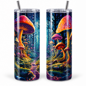 Enchanted Mushroom Forest Psychedelic 20 oz Tumbler artwork shown on a skinny stainless-steel tumbler