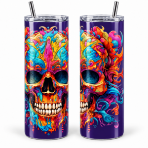 Floral Rainbow Skull Psychedelic 20 oz Tumbler artwork shown on a skinny stainless-steel tumbler