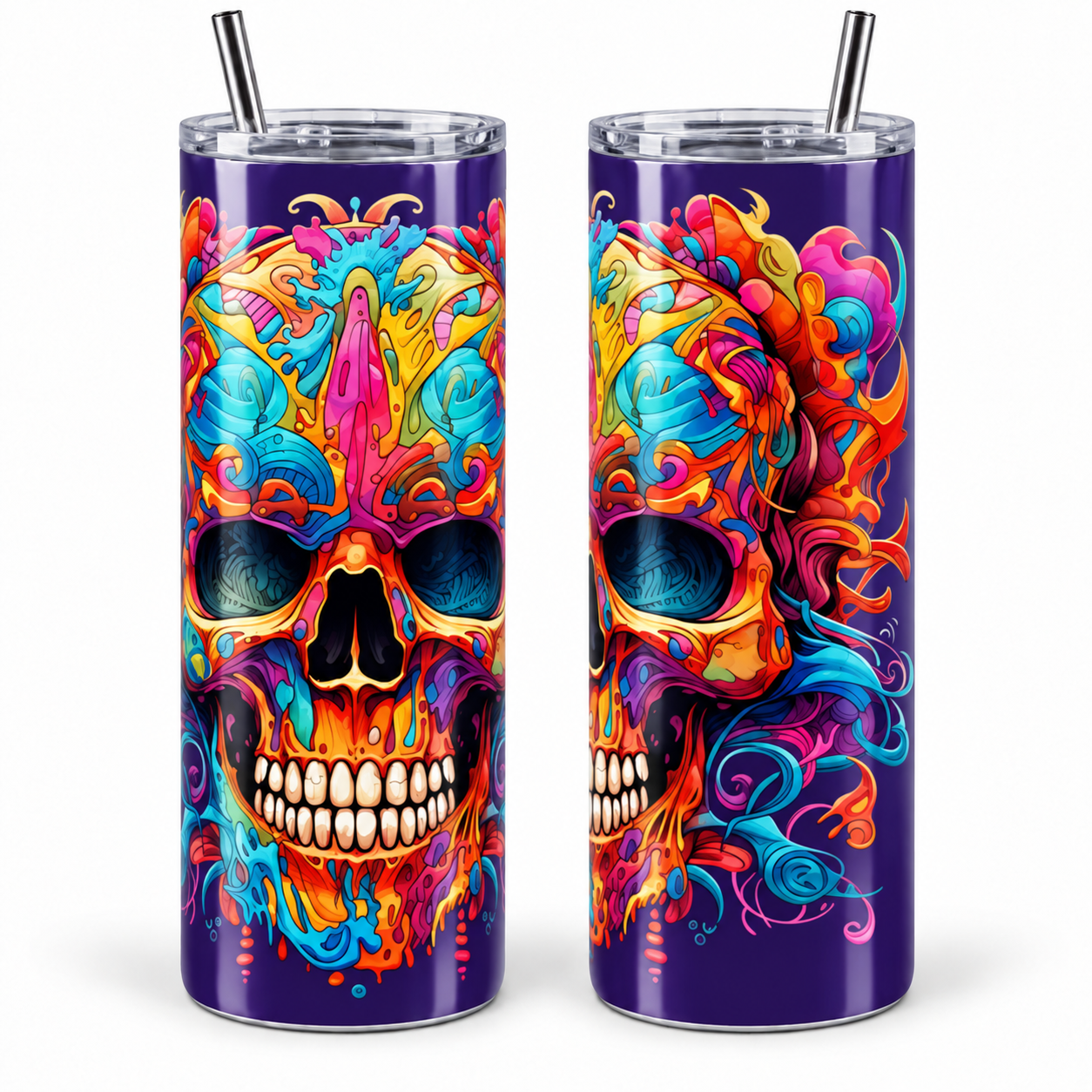 Floral Rainbow Skull Psychedelic 20 oz Tumbler Floral Rainbow Skull Psychedelic 20 oz Tumbler artwork shown on a skinny stainless-steel tumbler