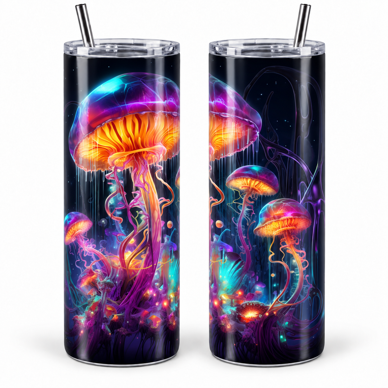 Glowing Jellyfish Galaxy Psychedelic 20 oz Tumbler Glowing Jellyfish Galaxy Psychedelic 20 oz Tumbler artwork shown on a skinny stainless-steel tumbler