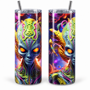 Green Cosmic Alien 20 oz Tumbler design shown on a skinny tumbler