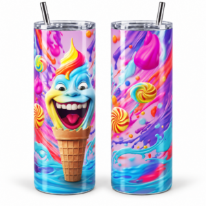 Happy Rainbow Ice Cream Psychedelic 20 oz Tumbler artwork shown on a skinny stainless-steel tumbler