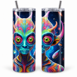 Horned Cosmic Alien Psychedelic 20 oz Tumbler artwork shown on a skinny stainless-steel tumbler