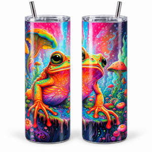 Mushroom Garden Frog 20 oz Tumbler design shown on a skinny tumbler