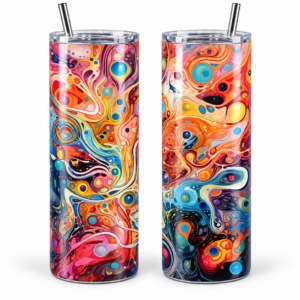 Neon Abstract Dreams Psychedelic 20 oz Tumbler artwork shown on a skinny stainless-steel tumbler