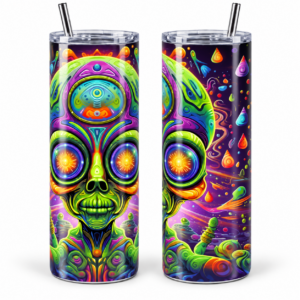Neon Alien Skull Psychedelic 20 oz Tumbler artwork shown on a skinny stainless-steel tumbler