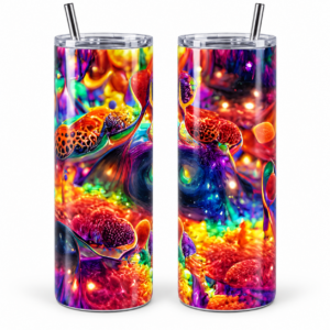 Neon Cosmic Swirls Psychedelic 20 oz Tumbler artwork shown on a skinny stainless-steel tumbler