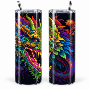 Neon Dragon Psychedelic 20 oz Tumbler artwork shown on a skinny stainless-steel tumbler