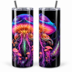 Neon Jellyfish Psychedelic 20 oz Tumbler artwork shown on a skinny stainless-steel tumbler