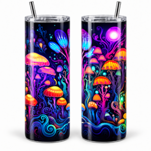 Neon Mushroom Wonderland Psychedelic 20 oz Tumbler artwork shown on a skinny stainless-steel tumbler