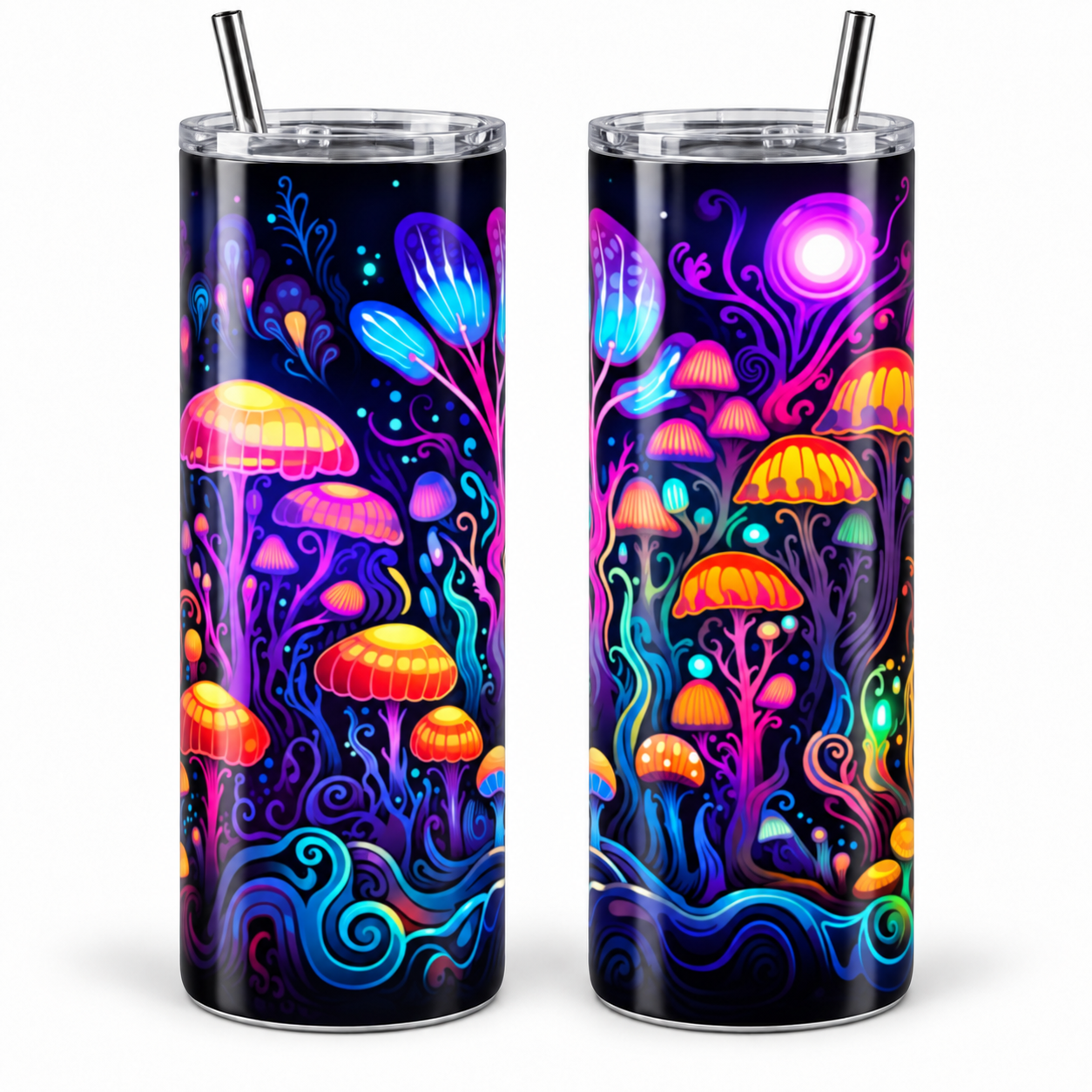 Neon Mushroom Wonderland Psychedelic 20 oz Tumbler Neon Mushroom Wonderland Psychedelic 20 oz Tumbler artwork shown on a skinny stainless-steel tumbler