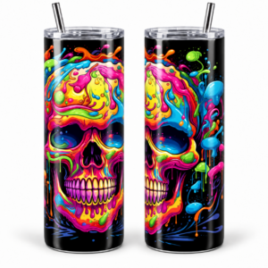 Neon Paint Splash Skull Psychedelic 20 oz Tumbler artwork shown on a skinny stainless-steel tumbler