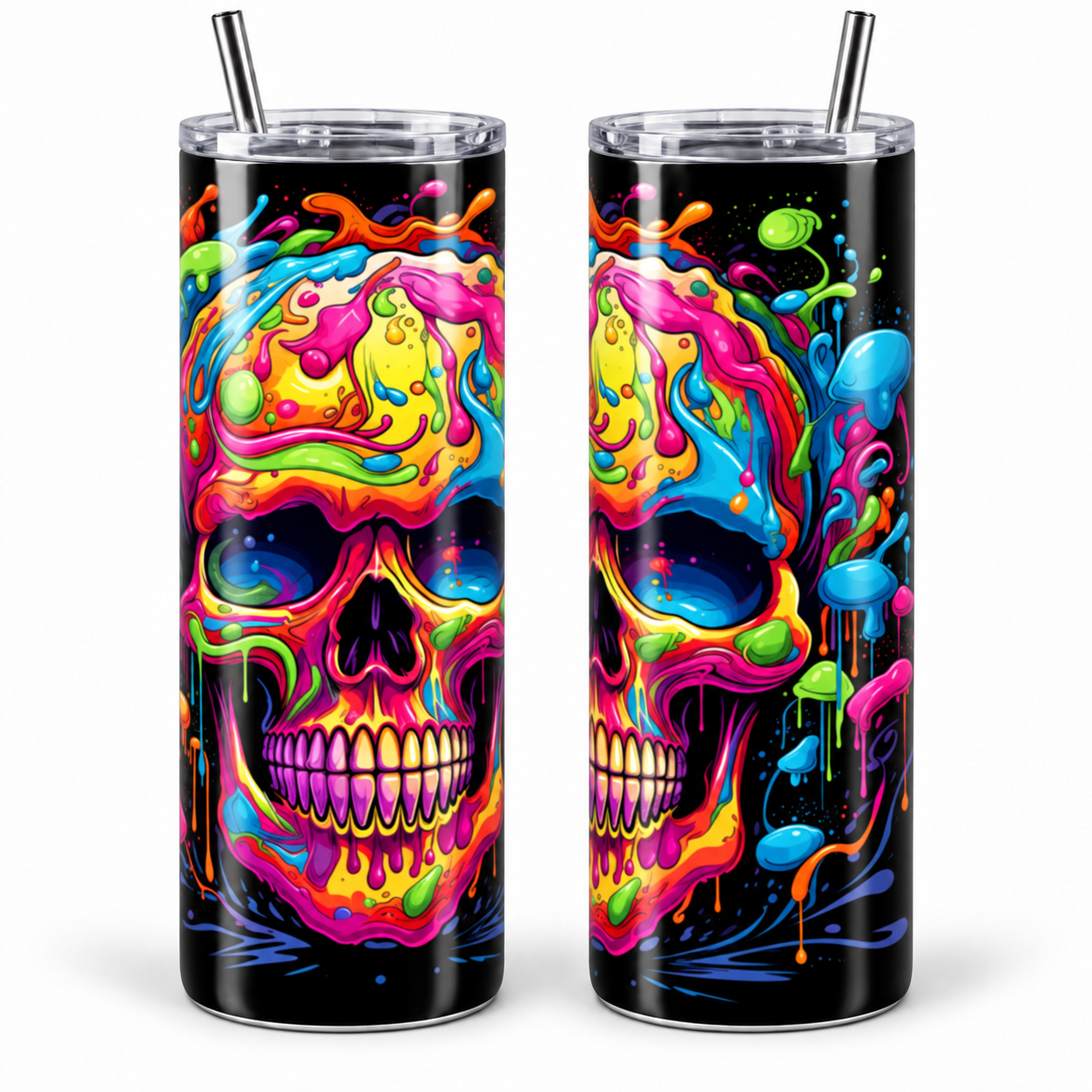 Neon Paint Splash Skull Psychedelic 20 oz Tumbler Neon Paint Splash Skull Psychedelic 20 oz Tumbler artwork shown on a skinny stainless-steel tumbler