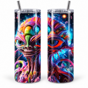 Neon Space Alien Psychedelic 20 oz Tumbler artwork shown on a skinny stainless-steel tumbler