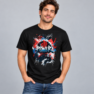Red Power Emblem anime graphic T-shirt on black model