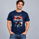 Red Power Emblem anime graphic T-shirt shown on navy shirt mockup