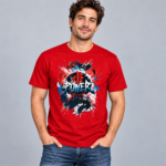 Red Power Emblem anime graphic T-shirt shown on red shirt mockup