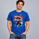 Red Power Emblem anime graphic T-shirt shown on royal blue shirt mockup