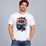 Red Power Emblem anime graphic T-shirt shown on white shirt mockup