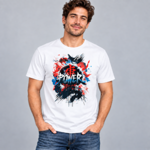 Red Power Emblem anime graphic T-shirt shown on white shirt mockup